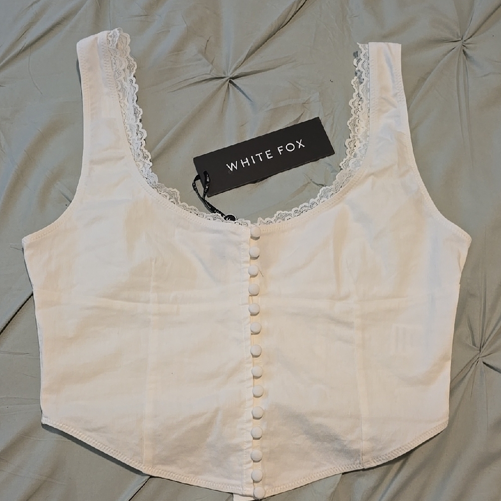 White Fox Boutique White Lace-Trim Button Front Crop Top